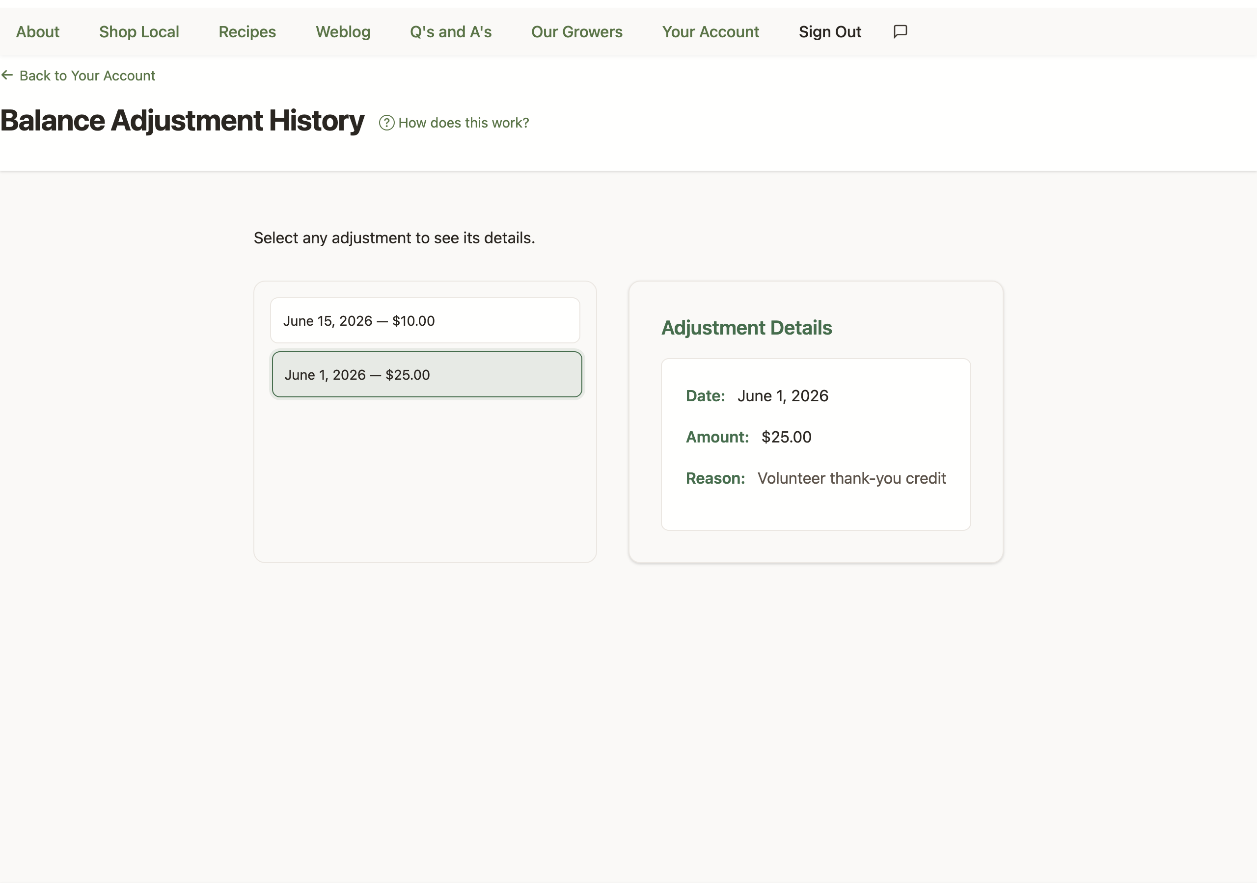 The Balance Adjustment History page: a list of dated balance changes with amounts, and a details panel showing the date, amount, and reason for the selected adjustment.